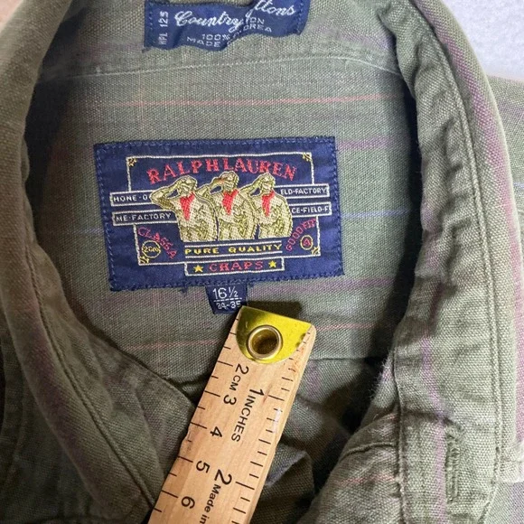 Vtg Ralph Lauren Chaps Work Shirt Mens 16.5 Olive Green Striped Country Cotton - Picture 5 of 6
